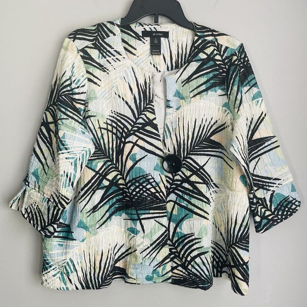 Ali Miles Jacket Size PL Tropical Leaf Crinkle Lightweight One Button 3/4 Sleeve
